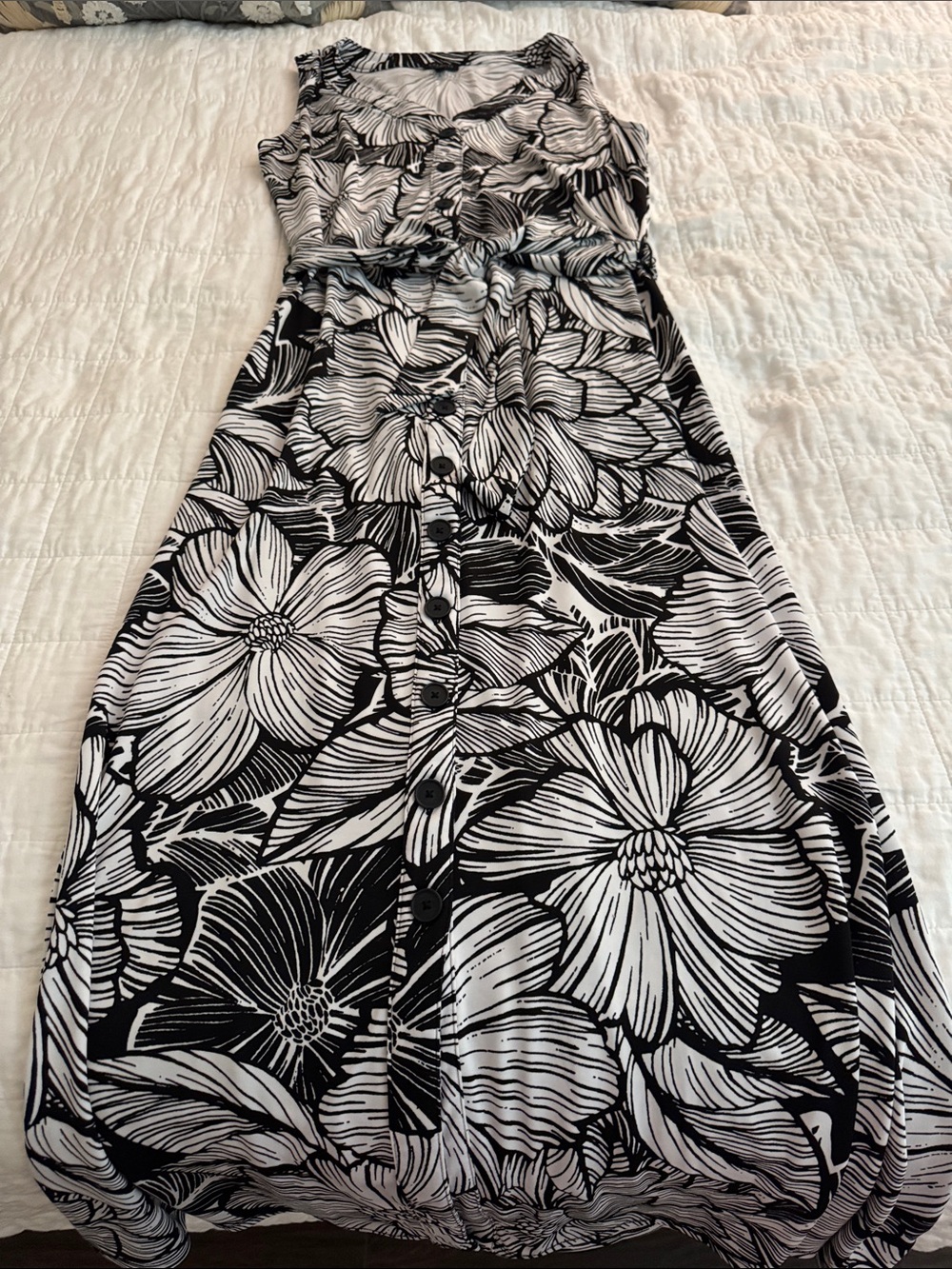 Talbots Black and White Floral Button-Front Maxi Dress